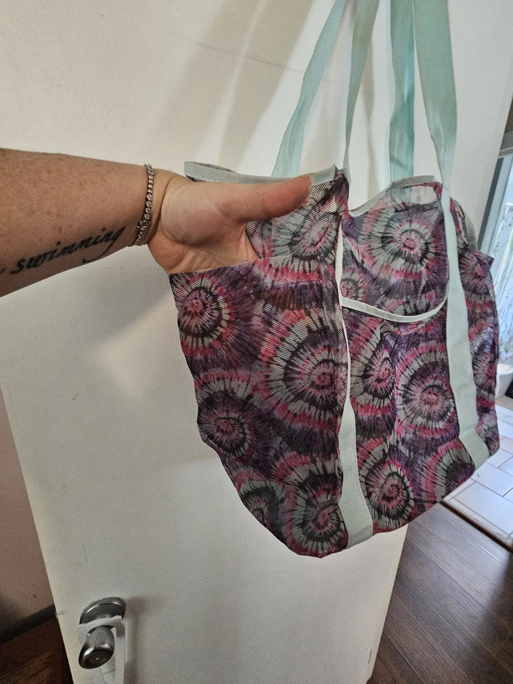 Light Blue-Handled Tie-Dye Tote Bag